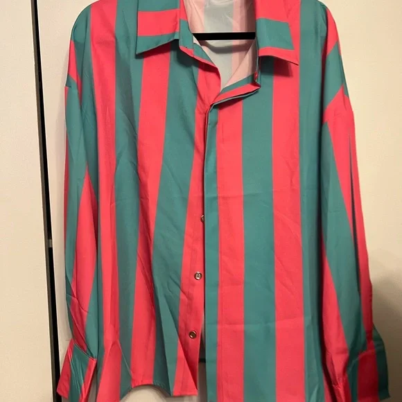 Button-Up Shirt in Teal and Coral Stripe - Picture 2 of 5